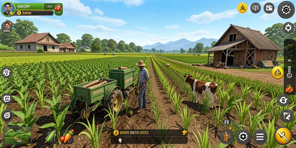 Tampilan seru dari gameplay INDORP yang menampilkan ladang dan hewan ternak.