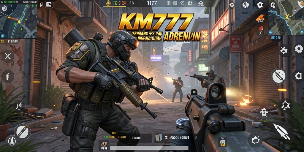 Tangkapan layar KM777 menunjukkan aksi intens dalam pertempuran FPS.