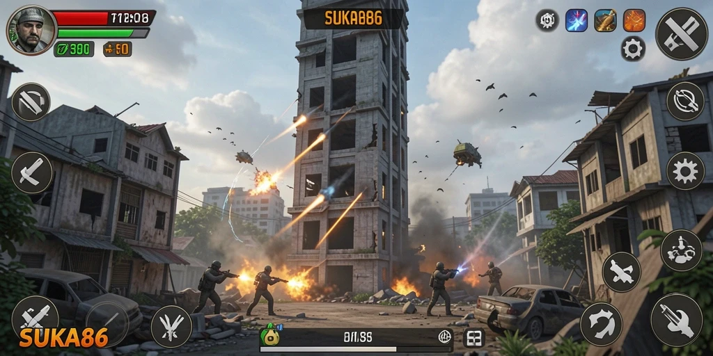 Tampilan gameplay menara pertahanan SUKA86 yang menegangkan.